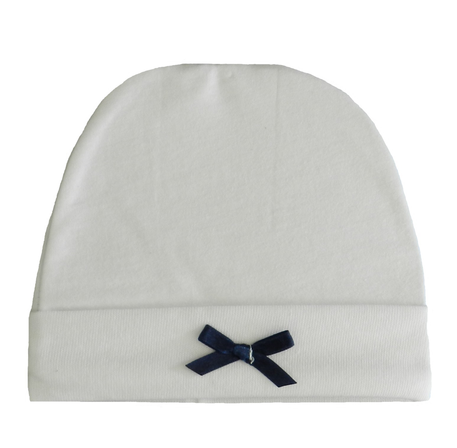 Bonnet naissance blanc nœud en satin bleu-marine